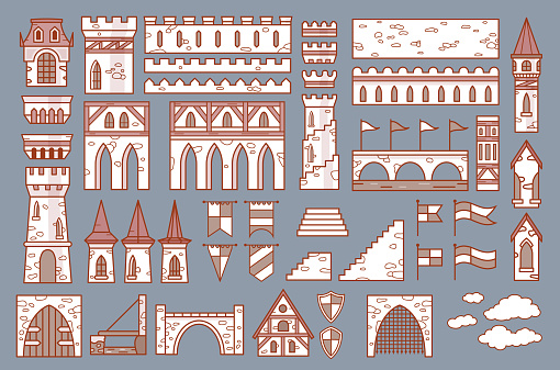 Castle constructor, fortress and medieval palace fort with towers, vector isolated elements. Cartoon castle or palace construction icons of citadel building architecture, fortification walls and gates