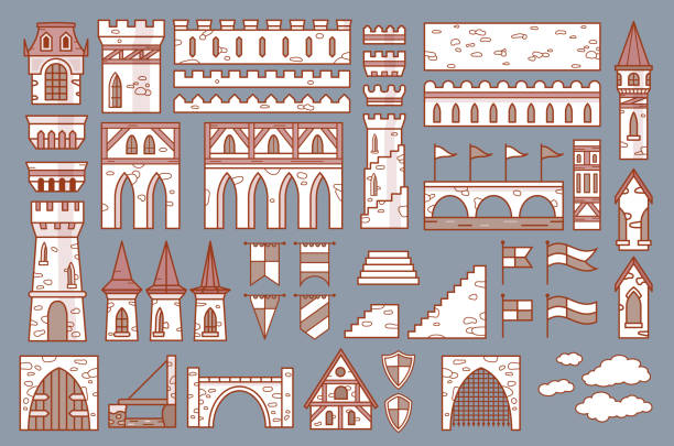 Castle constructor, fortress and medieval palace vector Castle constructor, fortress and medieval palace fort with towers, vector isolated elements. Cartoon castle or palace construction icons of citadel building architecture, fortification walls and gates medieval architecture stock illustrations