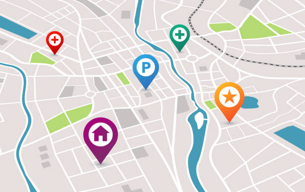 istock Navigation map with location pins, car GPS in city 1371158716