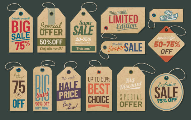 ilustrações de stock, clip art, desenhos animados e ícones de sale tags, cardboard labels for discount promotion - cut price