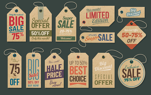 Sale tags, cardboard labels for discount promotion, vector price cut paper coupons. Carton cardboard sale tags special promo offer, shopping discount and big sale promotion retro vintage labels