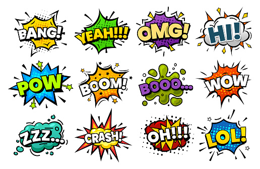 Blast sounds, comic pop art bubble, vector superhero cartoon speech. Comic book sound blasts set, bang and boom, hero action explosion and text cloud icons, omg, yeah, hi and wow halftone explodes