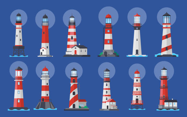 illustrations, cliparts, dessins animés et icônes de projecteur de balise de phare, illustration vectorielle de navigation de navire - lighthouse nautical vessel symbol harbor