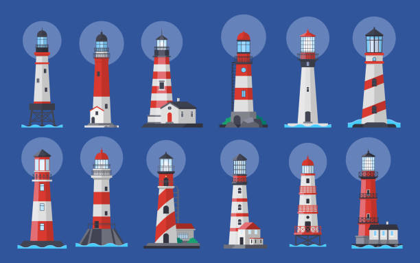 illustrazioni stock, clip art, cartoni animati e icone di tendenza di faro faro proiettore, illustrazione vettoriale di navigazione nave - lighthouse