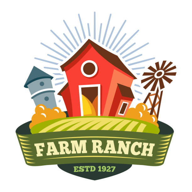 ilustraciones, imágenes clip art, dibujos animados e iconos de stock de rancho agrícola, producto alimenticio para agricultores, etiqueta bio orgánica - casa rural