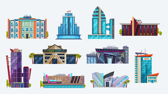 Buildings icons, city hotel and night club, vector urban architecture houses, flat isolated icons set. Modern buildings of hotel and night club or disco entertainment, facade exterior design
