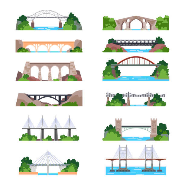 ilustrações de stock, clip art, desenhos animados e ícones de set of isolated modern and vintage bridges - suspension railway
