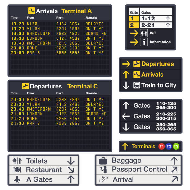 векторная доска аэропорта для объявления иллюстрации рейса - airport sign stock illustrations