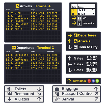 Airport vector board for announcing flight. Departure boards with signs for information and baggage, parking and cafe, first aid symbols. Timetable for air journey or boarding schedule. Terminal