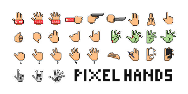 stockillustraties, clipart, cartoons en iconen met hand gesture pixel art set. video gme interface element. human, zombie and skeleton palm press and point button collection. - phone hand thumb