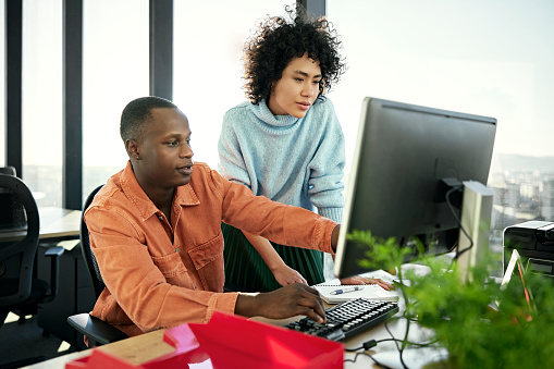 Waist-up view of casually dressed Black and Hispanic associates collaborating as they sit and stand at flexible workstation, looking at desktop PC monitor.