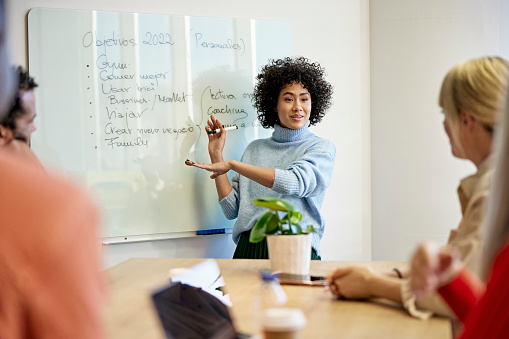 Barcelona businesswoman in late 20s standing at whiteboard and gesturing as she discusses ideas with colleagues sitting at table in meeting room.