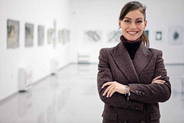 Portrait of exhibition manager/visitor in a gallery stock photo