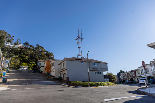High quality stock photos of Sutro Tower in San Francisco containing Television and radio antennas as well as a recently installed cellular 5g antenna.