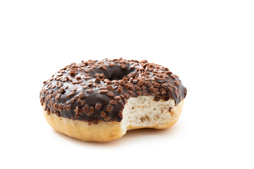Bitten Chocolate donut on white background