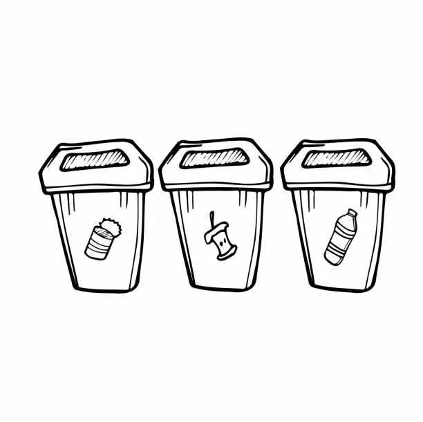 Vector illustration of Recycling materials icons. Trash cans for waste sorting. Vector illustration, line design. List of materials: metal, organic, plastic. Zero waste