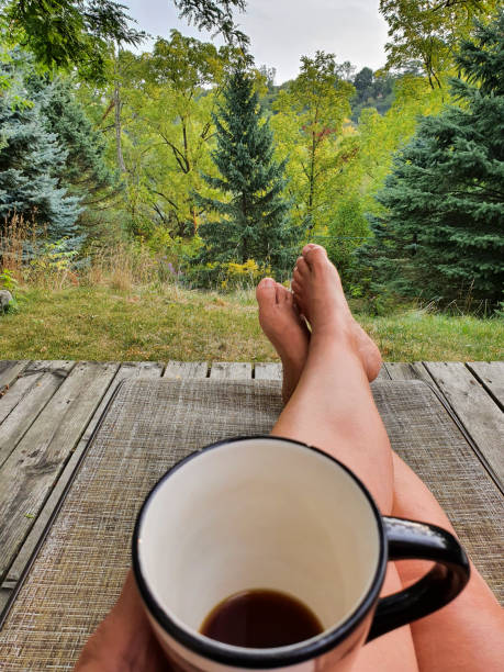istock Female's bare feet with coffee in tree area 1371164837