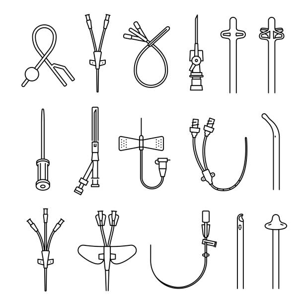 ilustraciones, imágenes clip art, dibujos animados e iconos de stock de colección monocromo línea de catéter simple icono vector agujas médicas para el acceso a la sangre - human artery