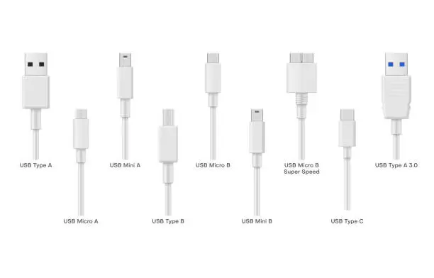 Vector illustration of Collection realistic USB types vector illustration computer universal connectors, transfer charge