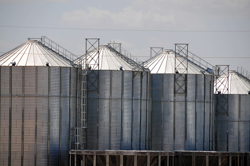 Four silver silos in cereal-filled