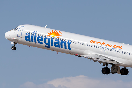 Phoenix, Arizona, USA - May 13, 2013: Allegiant Air McDonnell Douglas MD-83 (DC-9-83) commercial passenger aircraft taking off from Phoenix-Mesa Gateway airport in Arizona.