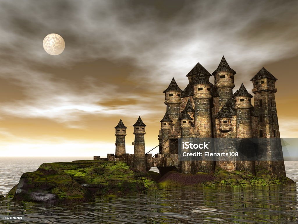 Castle - 3D render Beautiful castle on a hill among the ocean by brown full moon night - 3D render Bran Castle Stock Photo