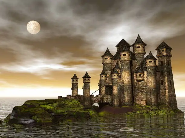 Beautiful castle on a hill among the ocean by brown full moon night - 3D render