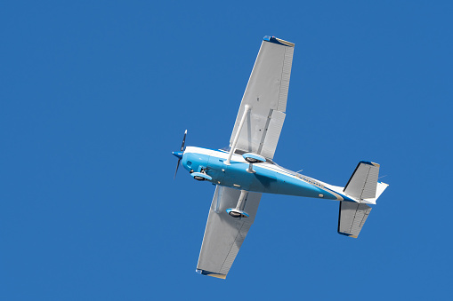 Saint Gallen, Altenrhein, Switzerland, February 9, 2022 Cessna 172 aircraft taking off from runway 28