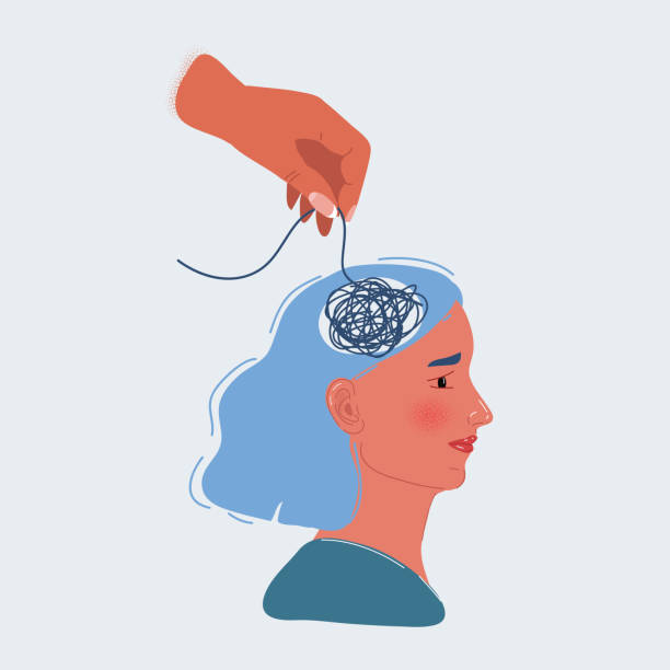 ilustraciones, imágenes clip art, dibujos animados e iconos de stock de ilustración vectorial de una mujer joven con una expresión facial estresada y un desorden en el cerebro. obsesivo compulsivo, tdah, trastornos de ansiedad - brain concentration mental illness intelligence