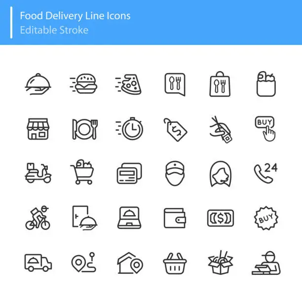 Vector illustration of Food Delivery Line Icons Editable Stroke