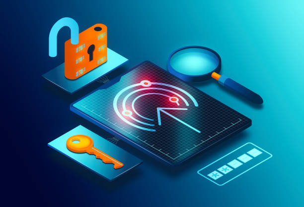 ilustrações de stock, clip art, desenhos animados e ícones de identity and access management technologies concept - iam and idam as represented by password field and digital key and padlock - 3d conceptual illustration - federated