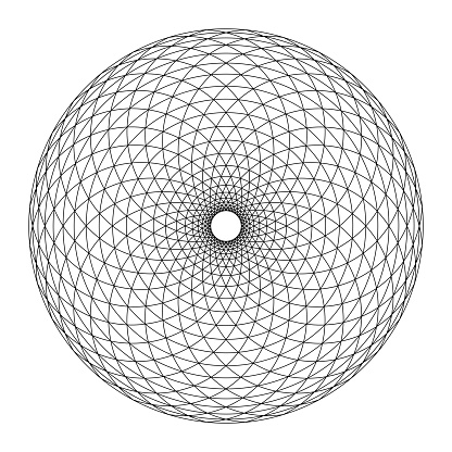 Circle with triangle Fibonacci pattern. Circular area, formed by arcs, arranged in spiral form, crossed by circles, creating bend triangles, with a small circle in the center, like a pine cone shape.