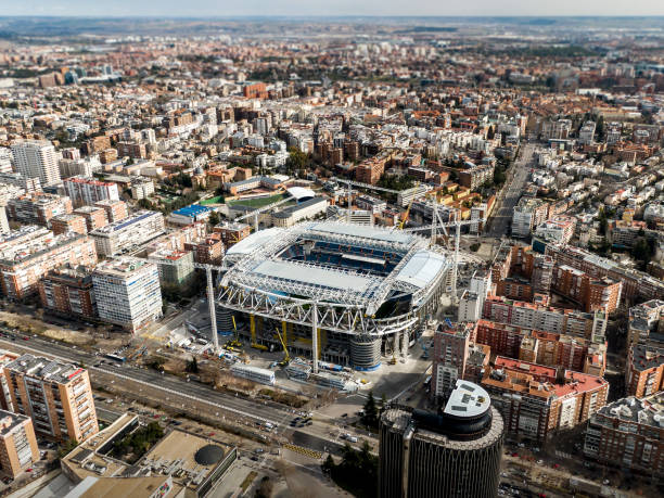 Madrid, Spain - February 05, 2022: Santiago Bernabeu stadium during renovation. Top view