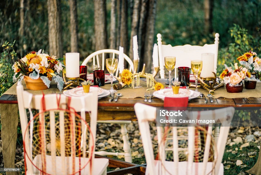 Beautiful Southwest Styled Outdoor Tablescape Beautiful Southwest Styled Outdoor Tablescape in Littleton, Colorado, United States Outdoors Stock Photo