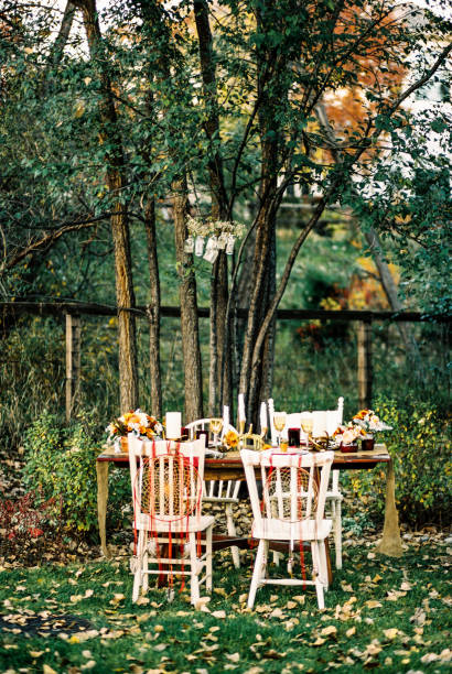 table à manger de mariage dans la cour arrière entourée de couleurs d’automne et de verdure - elope photos et images de collection