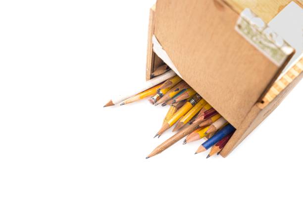 Pencils of various sizes inside a wooden box where the writer keeps it. Image taken on a white background in the studio digitally with a Nikon D610 camera and a 50mm f-stop 1.8 Nikkor lens