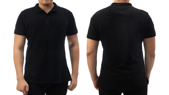 Blank collared shirt mock up template, front and back view, Asian male model wearing plain black t-shirt isolated on white. Polo tee design mockup presentation for print