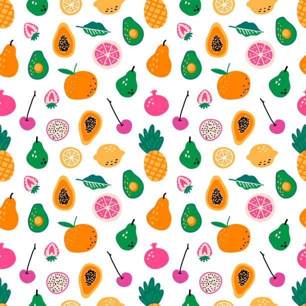 bezszwowy wzór z owocami. ręcznie rysowany wektor. składniki do gotowania. menu w stylu skandynawskim warzywniak. - berry fruit pink vibrant color leaf stock illustrations