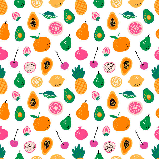 ilustrações, clipart, desenhos animados e ícones de padrão sem emendas com frutas. vetor desenhado à mão. ingredientes de cozimento. estilo escandinavo menu greengrocery. - berry fruit pink vibrant color leaf