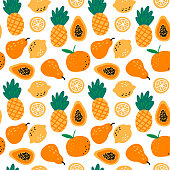 istock Seamless pattern with fruits pineapples, lemons, papaya, pear, orange on white background. Cute vector background. 1371187653