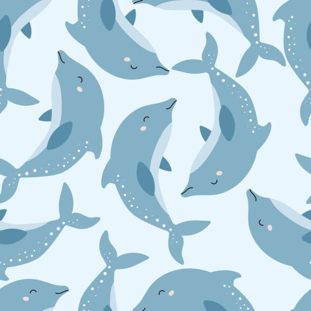 Vector seamless pattern with cute dolphin on blue background Hand drawn ocean animal. Cartoon character. Under sea life. Perfect for wrapping paper, package, wallpaper and banner. drawing of fish jumping out water stock illustrations