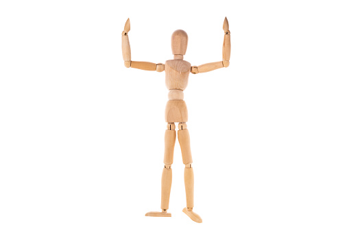 wooden man spread his arms isolated on white background. High quality photo