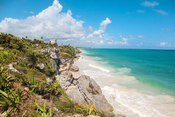 Maya Ruins at cliff by the beach shore in Tulum