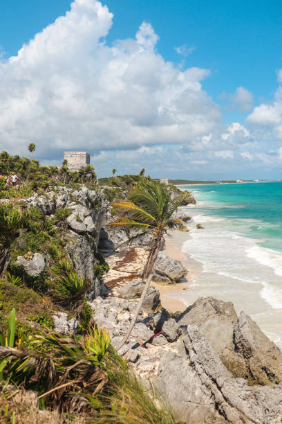 Maya Ruins at cliff by the beach shore in Tulum