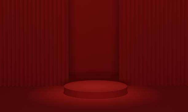 istock Stage podium on red velvet curtain background for products display 1371194676