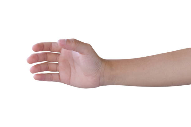 istock Child hand holding something like a bottle isolated on white background 1371195341
