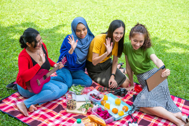 istock friends making Video calling at picnic spot. 1371201396