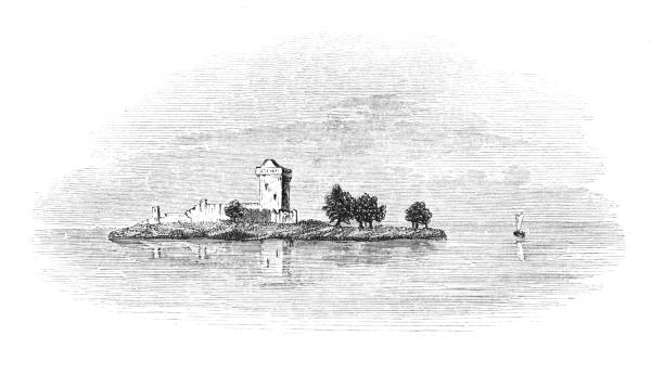 Lochleven Castle on Loch Leven island, Scotland. Illustrations are Wood-Engravings published in an 1841 nonfiction book about fish in the UK. Copyright has expired and is in Public Domain.