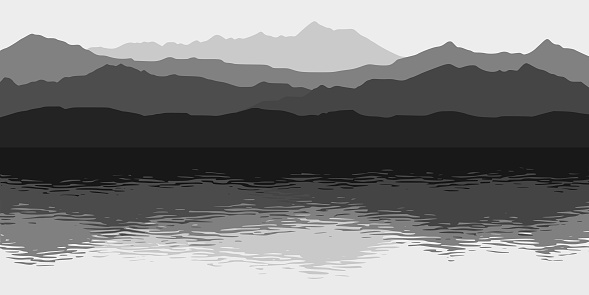 Black and white landscape, picturesque reflection in the lake, mountains in the fog, vector illustration