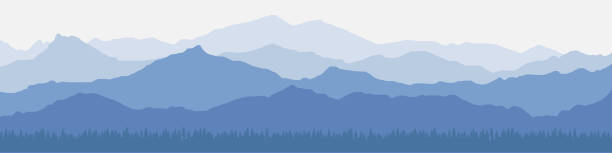 vector illustration of mountains, ridge in the morning haze, panoramic - i̇skoçya illüstrasyonlar stock illustrations